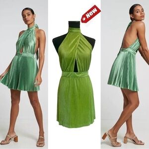 Sincerely Jules green pleated satin effect crossover wrap halter top mini dress